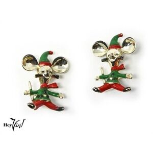 Two Vintage BJ Signed Santa Mouse Pins Christmas Holiday Cute Gift 1.5" -Hey Viv
